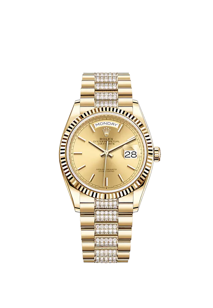 Day-Date 36 36mm Diamond-Set President Bracelet and 18 KT Yellow Gold with Champagne-Colour Dial Fluted Bezel