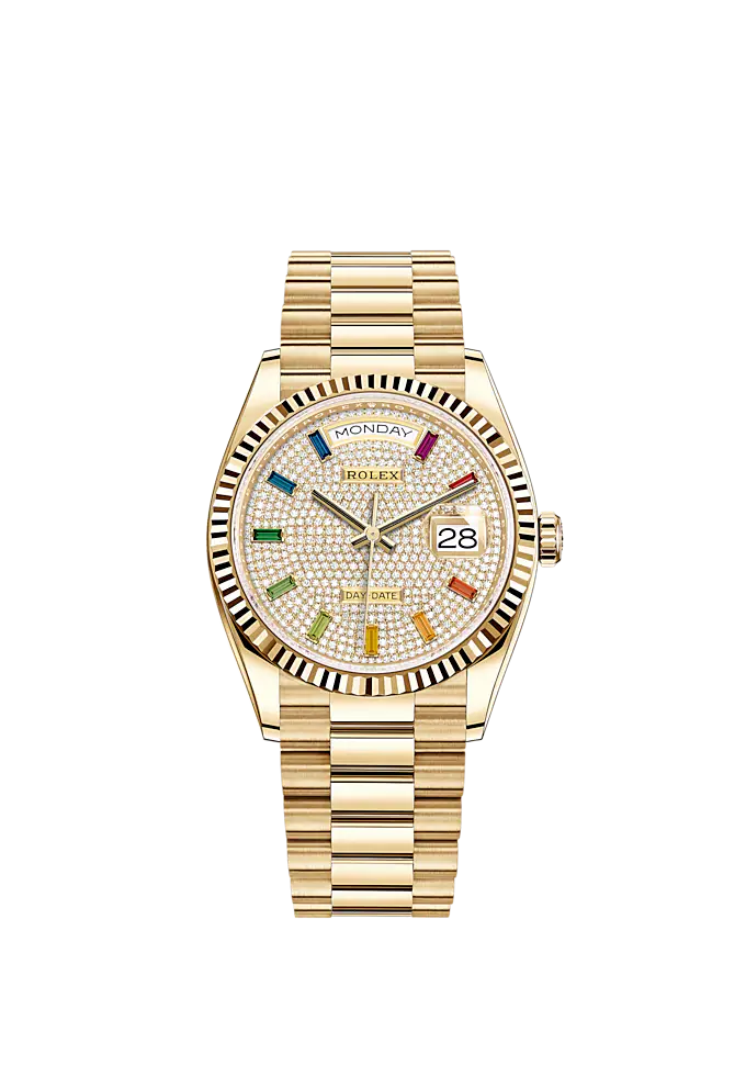 Day-Date 36 36mm President Bracelet and 18 KT Yellow Gold with Diamond-Paved Dial and Fluted Bezel