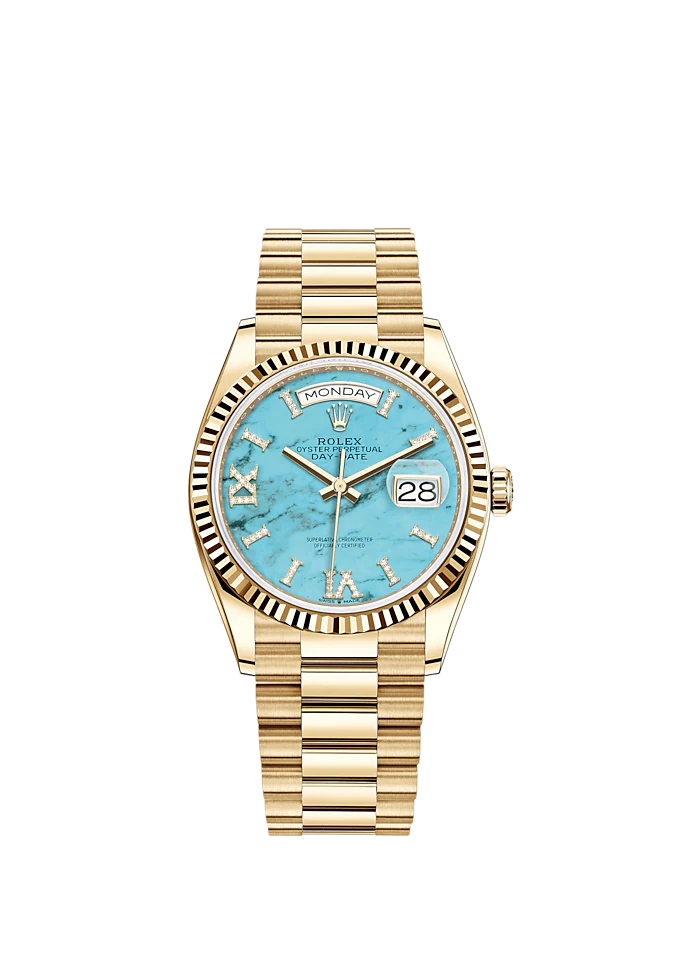 Day-Date 36 36mm President Bracelet and 18 KT Yellow Gold with Turquoise Dial Fluted Bezel