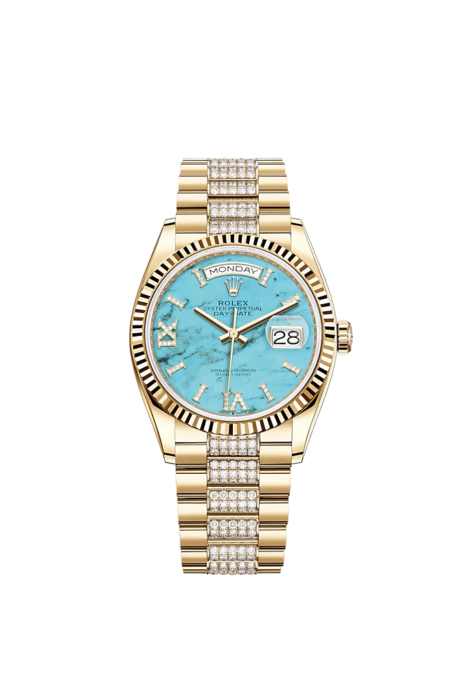 Day-Date 36 36mm Diamond-Set President Bracelet and 18 KT Yellow Gold with Turquoise Dial Fluted Bezel