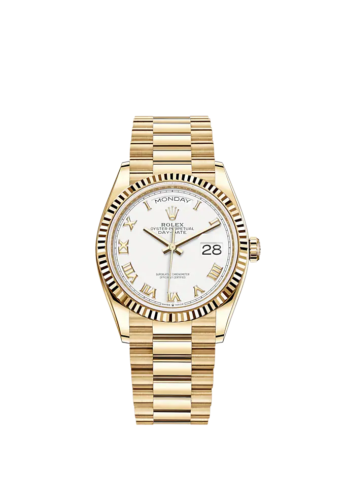 Day-Date 36 36mm President Bracelet and 18 KT Yellow Gold with White Roman Dial Fluted Bezel