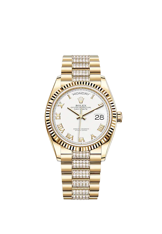 Day-Date 36 36mm President Bracelet and 18 KT Yellow Gold with White Dial Fluted Bezel and Diamond-Set President Bracelet