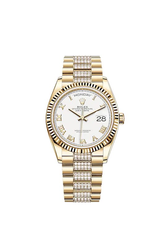 Day-Date 36 36mm President Bracelet and 18 KT Yellow Gold with White Dial Fluted Bezel and Diamond-Set President Bracelet
