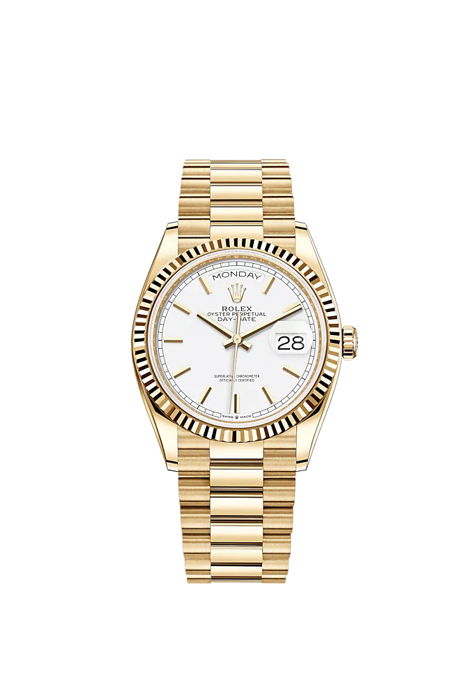 Day-Date 36 36mm President Bracelet and 18 KT Yellow Gold with White Dial Fluted Bezel