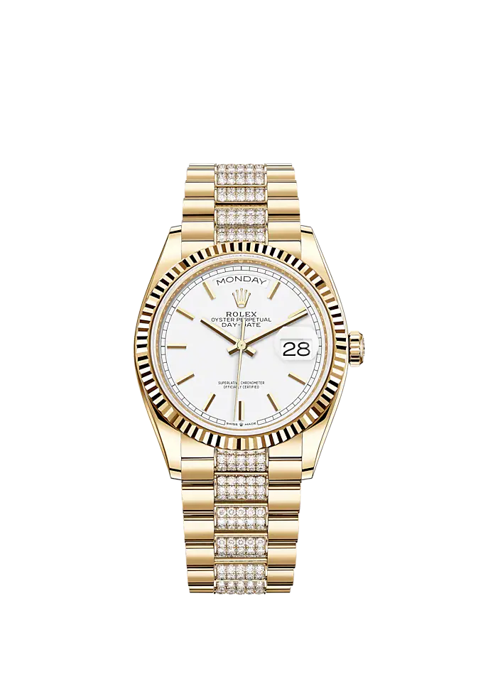 Day-Date 36 36mm Diamond-Set President Bracelet and 18 KT Yellow Gold with White Dial Fluted Bezel