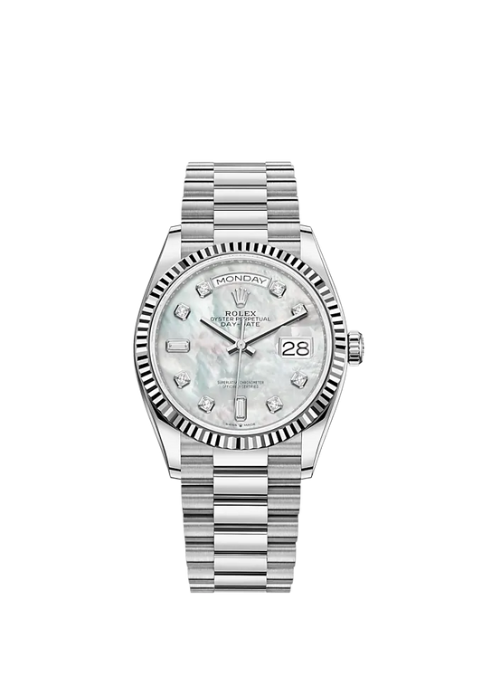 Day-Date 36 36mm President Bracelet and 18 KT White Gold with White Mother-of-Pearl Dial Diamond-Set Dial and Fluted Bezel