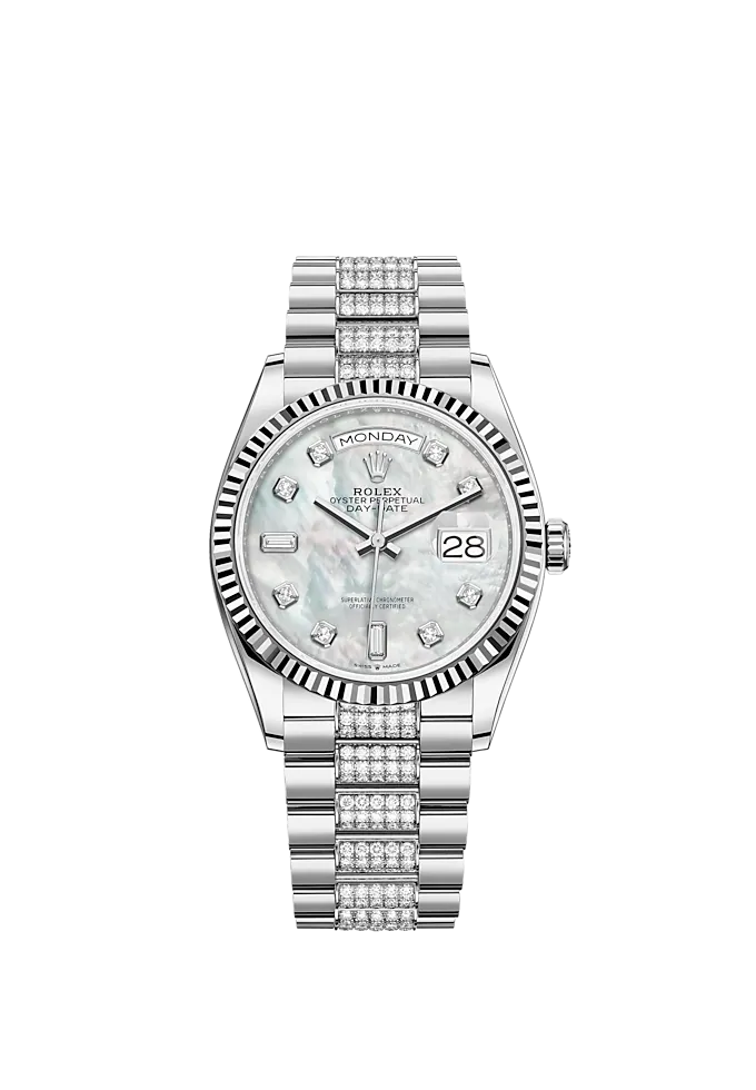 Day-Date 36 36mm President Bracelet and 18 KT White Gold with White Mother-of-Pearl Dial Diamond-Set Dial Fluted Bezel