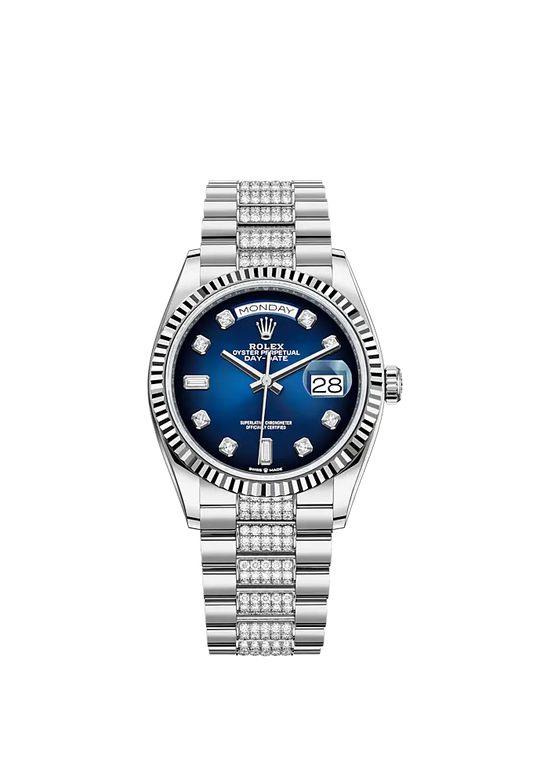 Day-Date 36 36mm President Bracelet and 18 KT White Gold with Blue Ombré Dial Diamond-Set Dial Fluted Bezel