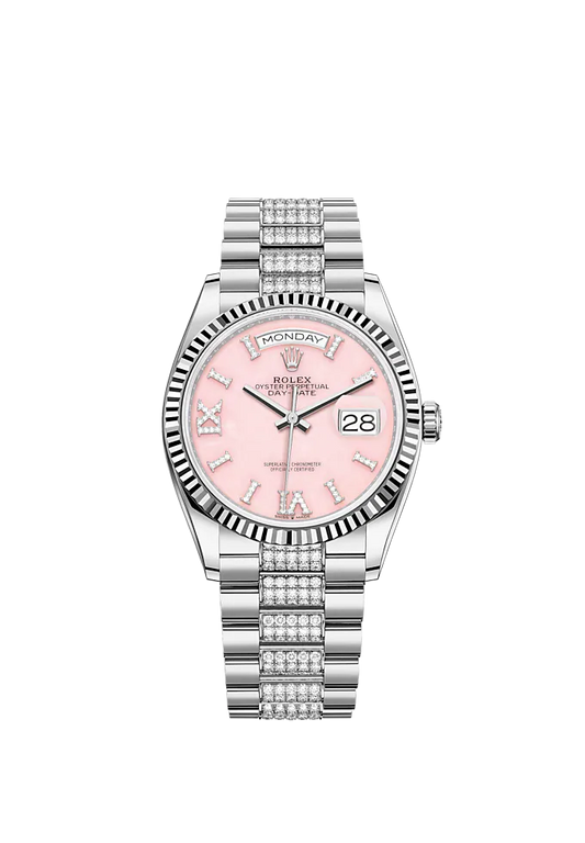 Day-Date 36 36mm President Bracelet and 18 KT White Gold with Pink Opal Dial Diamond-Set Dial Fluted Bezel