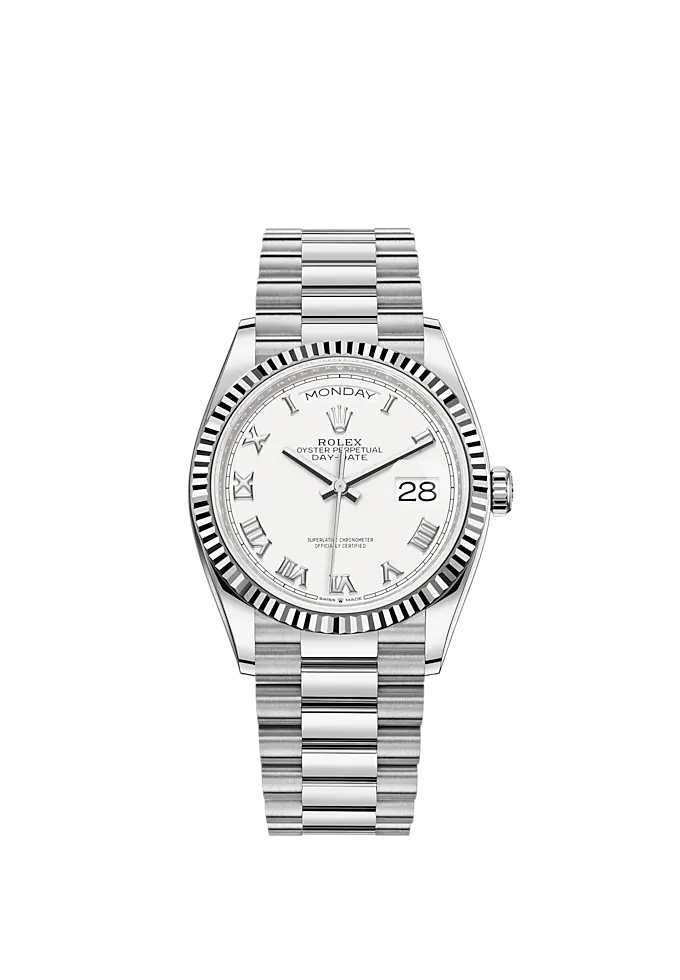 Day-Date 36 36mm President Bracelet and 18 KT White Gold with White Roman Dial Fluted Bezel