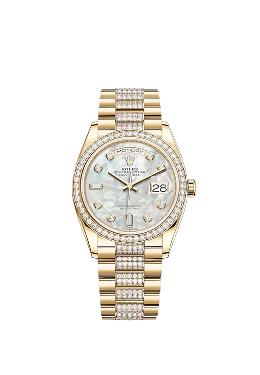 Day-Date 36 36mm President Bracelet and 18 KT Yellow Gold with White Mother-of-Pearl Dial Diamond-Set Dial Diamond-Set Bezel