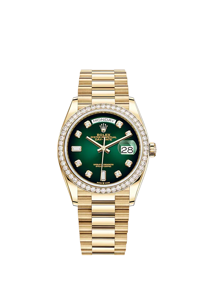 Rolex Date Green Ref. 128348RBR 36MM Yellow Gold Day Ombre Dial with Diamond Bezel/Markers