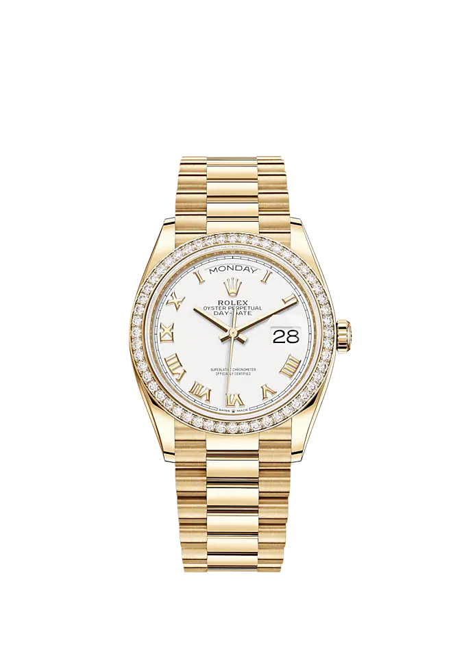 Day-Date 36 36mm President Bracelet and 18 KT Yellow Gold with White Dial and Diamond-Set Bezel