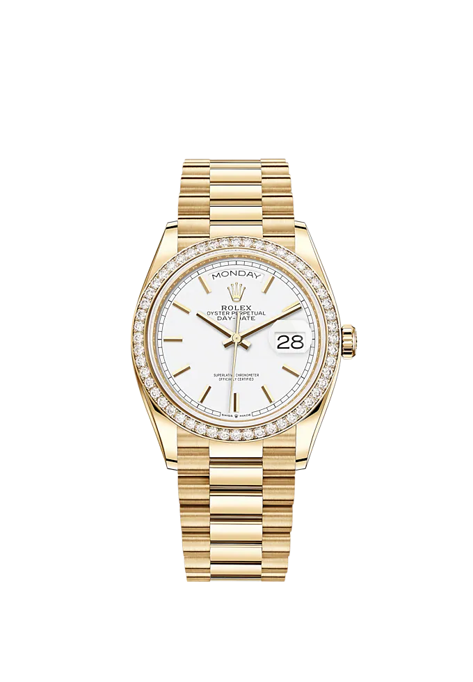Day-Date 36 36mm President Bracelet and 18 KT Yellow Gold with White Dial Diamond-Set Bezel
