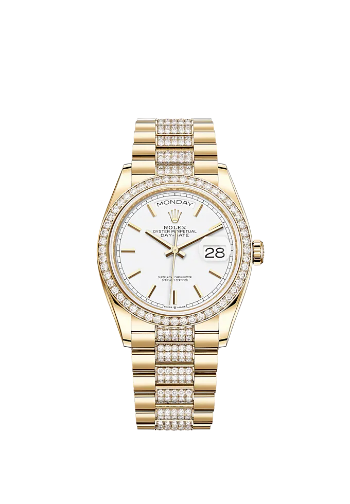 Day-Date 36 36mm Diamond-Set President Bracelet and 18 KT Yellow Gold with White Dial Diamond-Set Bezel