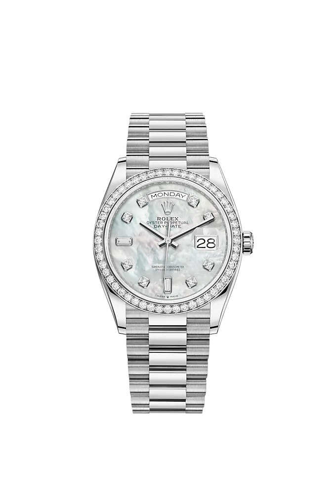 Day-Date 36 36mm President Bracelet and 18 KT White Gold with White Mother-of-Pearl Dial Diamond-Set Dial and Bezel