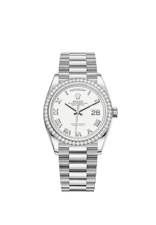 Day-Date 36 36mm President Bracelet and Platinum with White Dial and Diamond-Set Bezel