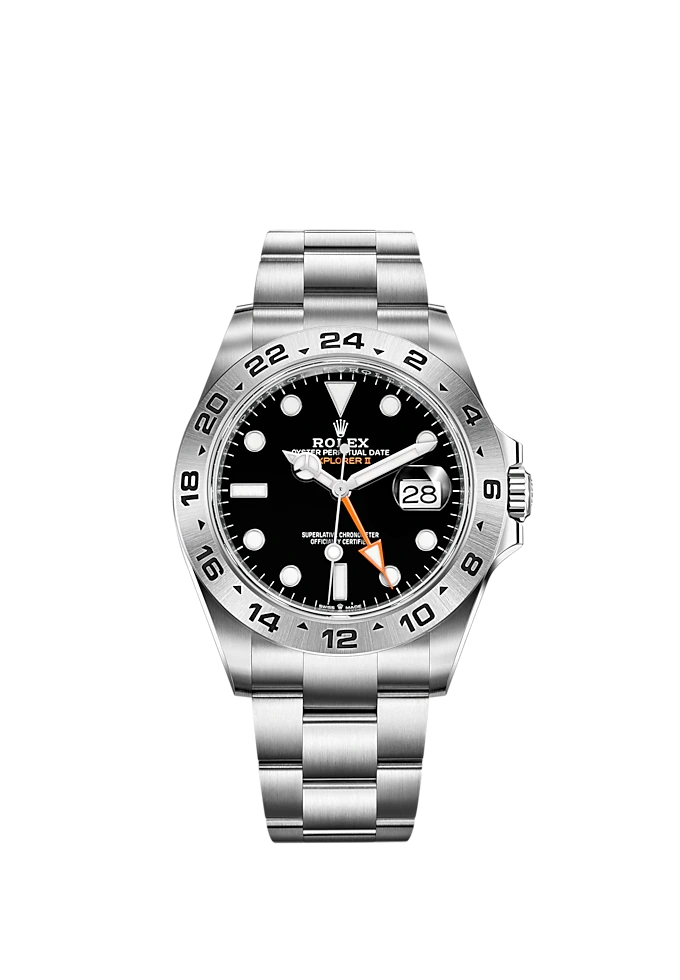 Explorer II 42mm Oyster Bracelet Oystersteel and Chromalight Display with Black Dial Arrow-Shaped 24-Hour Bezel