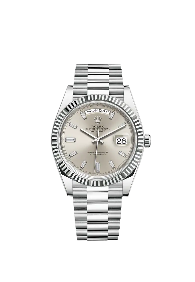 Day-Date 40 40mm President Bracelet and 18 KT White Gold with Silver Diamond-Set Dial and Fluted Bezel