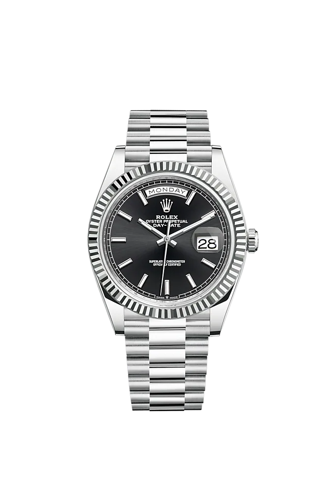 Day-Date 40 40mm President Bracelet and 18 KT White Gold with Bright Black Dial and Fluted Bezel