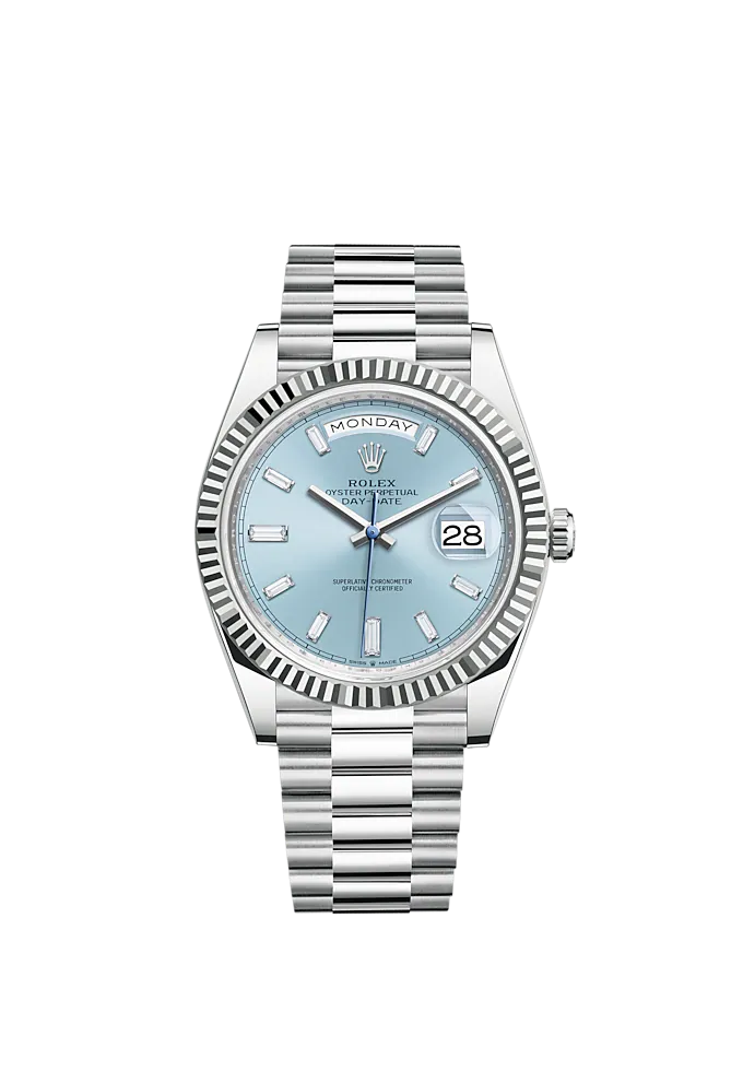 Day-Date 40 40mm President Bracelet and Platinum with Ice-Blue Diamond-Set Dial Fluted Bezel