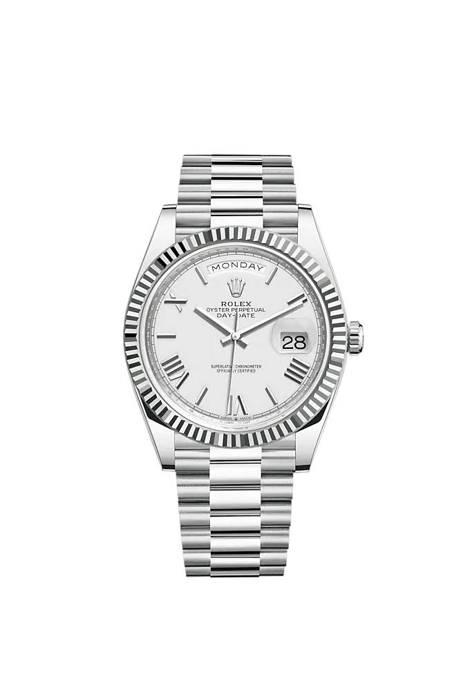 Day-Date 40 40mm President Bracelet and Platinum with White Roman Dial Fluted Bezel