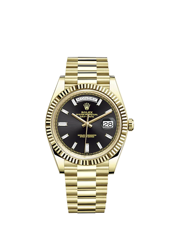 Day-Date 40 40mm President Bracelet and 18 KT Yellow Gold with Bright Black Dial Diamond-Set Dial and Fluted Bezel