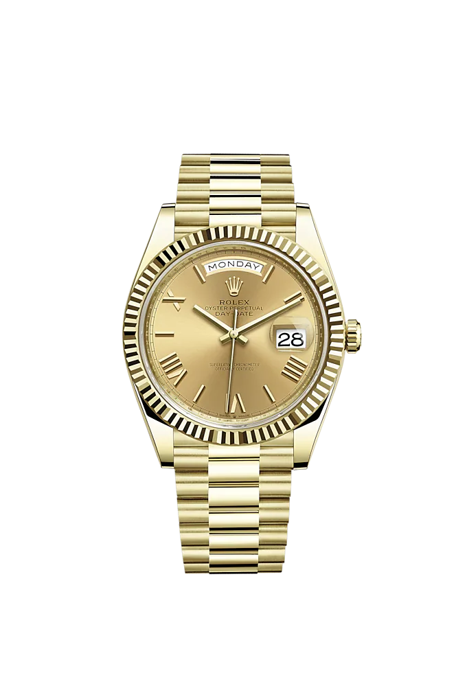 Day-Date 40 40mm President Bracelet and 18 KT Yellow Gold with Champagne-Colour Roman Dial and Fluted Bezel