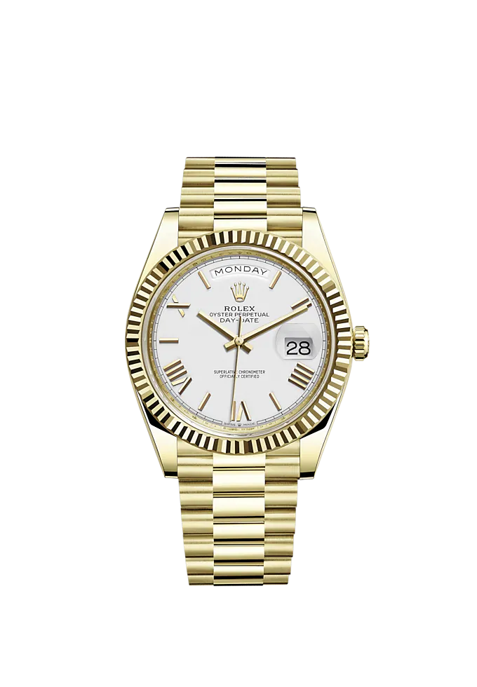 Day-Date 40 40mm President Bracelet and 18 KT Yellow Gold with White Dial and Fluted Bezel
