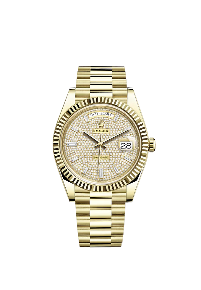 Day-Date 40 40mm President Bracelet and 18 KT Yellow Gold with Diamond-Paved Dial and Fluted Bezel