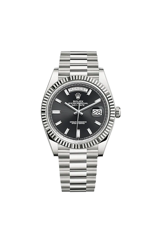 Day-Date 40 40mm President Bracelet and 18 KT White Gold with Bright Black Dial Diamond-Set Dial and Fluted Bezel