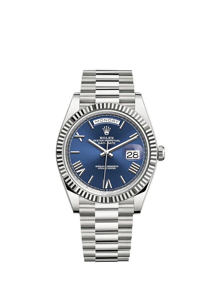 Day-Date 40 40mm President Bracelet and 18 KT White Gold with Bright Blue Dial Fluted Bezel