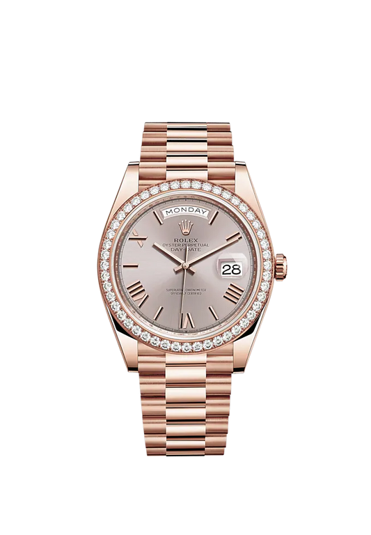 Day-Date 40 40mm President Bracelet and 18 KT Everose Gold with Sundust Dial and Diamond-Set Bezel