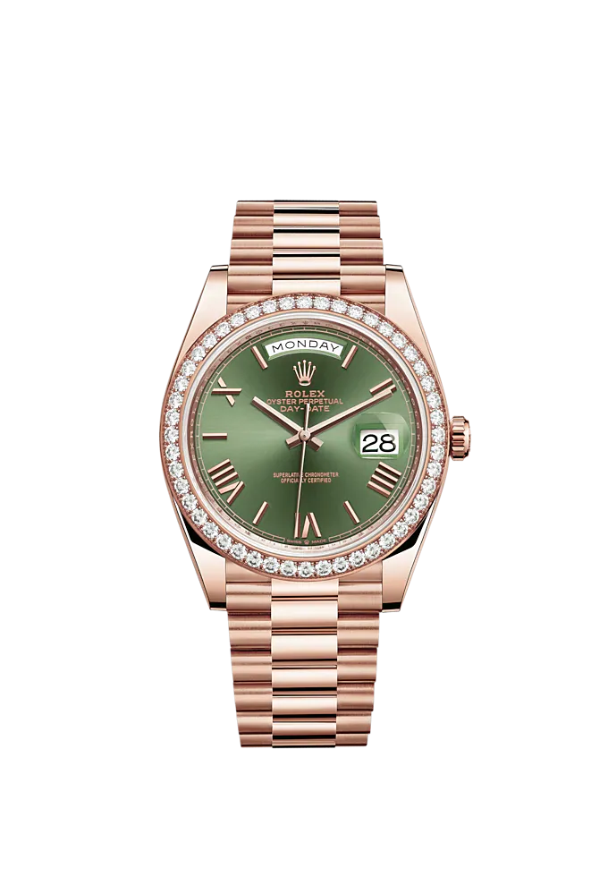 Day-Date 40 40mm President Bracelet and 18 KT Everose Gold with Olive Green Dial and Diamond-Set Bezel