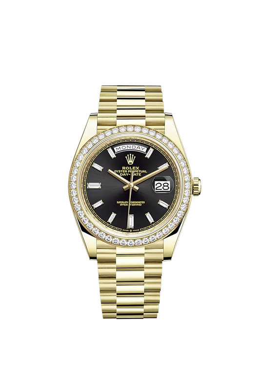 Day-Date 40 40mm President Bracelet and 18 KT Yellow Gold with Bright Black Dial Diamond-Set Dial and Diamond-Set Bezel