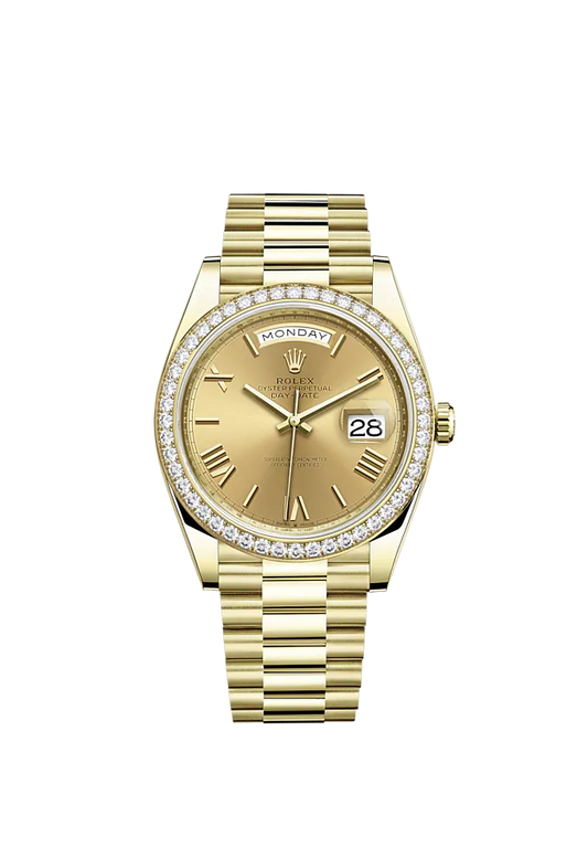 Day-Date 40 40mm President Bracelet and 18 KT Yellow Gold with Champagne-Colour Roman Dial and Diamond-Set Bezel