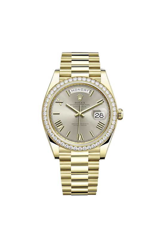 Day-Date 40 40mm President Bracelet and 18 KT Yellow Gold with Silver Dial and Diamond-Set Bezel