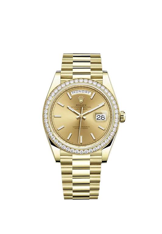Day-Date 40 40mm President Bracelet and 18 KT Yellow Gold with Champagne-Colour Dial and Diamond-Set Bezel