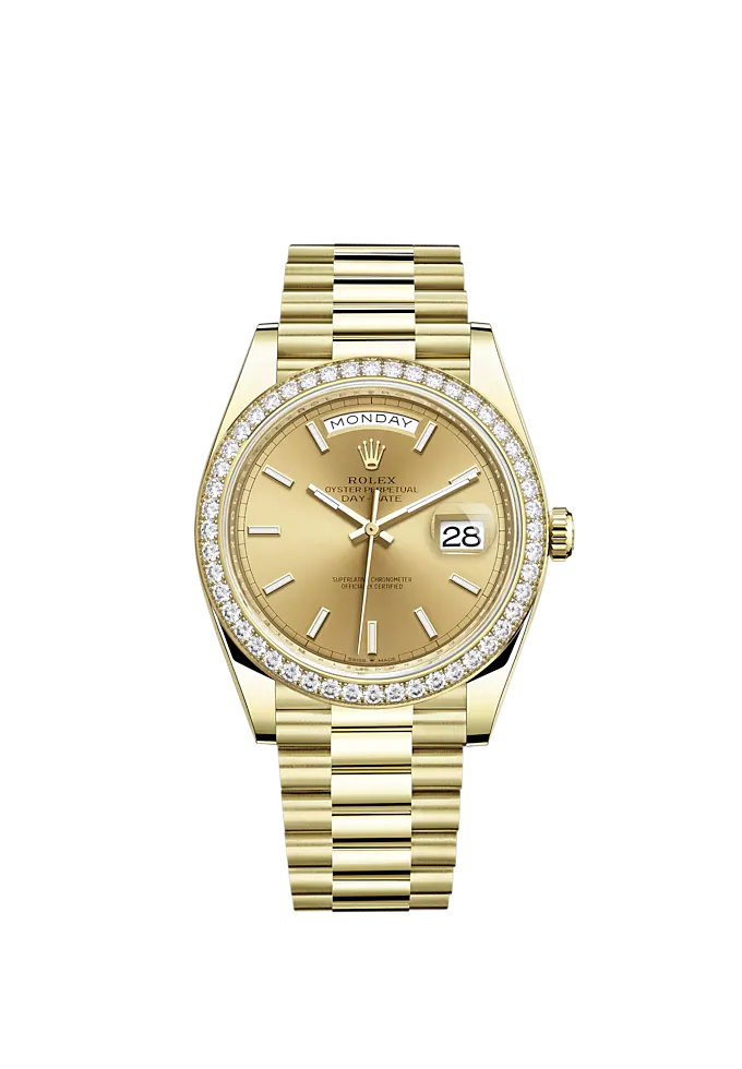 Day-Date 40 40mm President Bracelet and 18 KT Yellow Gold with Champagne-Colour Dial and Diamond-Set Bezel