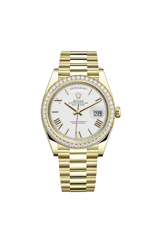 Day-Date 40 40mm President Bracelet and 18 KT Yellow Gold with White Dial and Diamond-Set Bezel