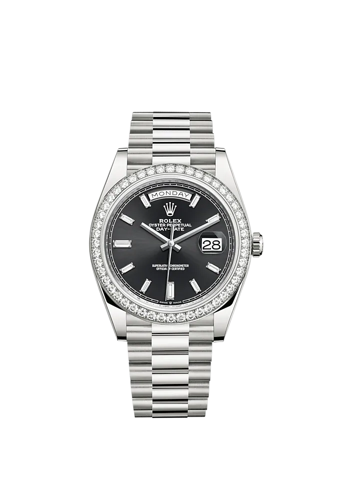 Rolex Day Date Ref. 228349RBR White Gold Black Dial with Baguette Markers/Diamond Bezel