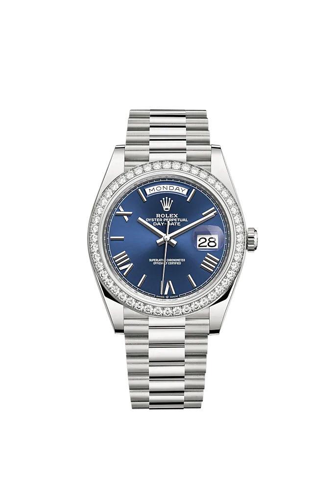 Day-Date 40 40mm President Bracelet and 18 KT White Gold with Bright Blue Dial and Diamond-Set Bezel