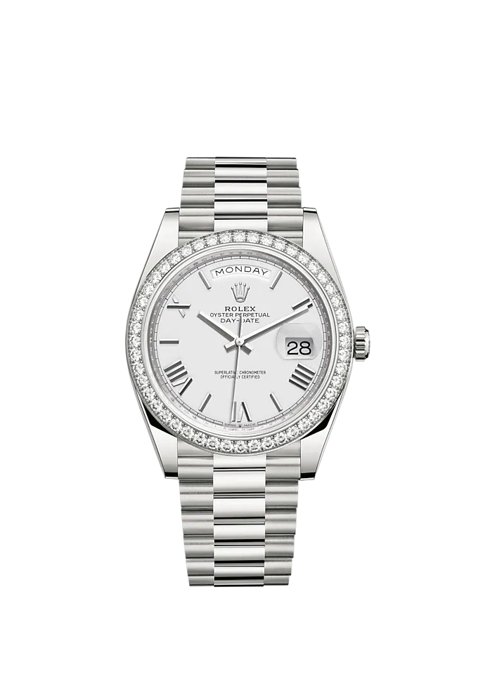 Day-Date 40 40mm President Bracelet and 18 KT White Gold with White Roman Dial and Diamond-Set Bezel