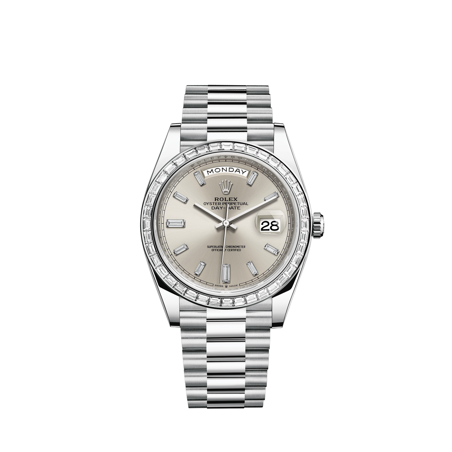 Day-Date 40 40mm President Bracelet and 18 KT White Gold with Silver Dial Diamond-Set Dial and Diamond-Set Bezel