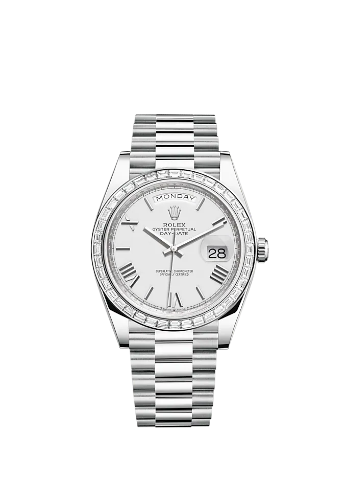 Day-Date 40 40mm President Bracelet and 18 KT White Gold with White Dial and Diamond-Set Bezel