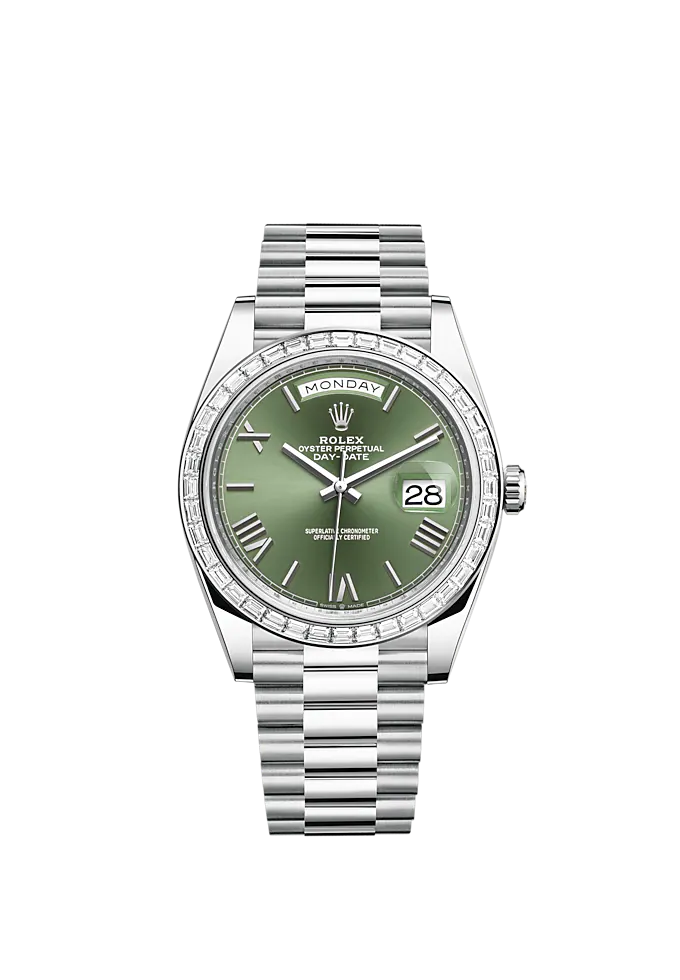 Day-Date 40 40mm President Bracelet and Platinum with Olive Green Dial and Diamond-Set Bezel