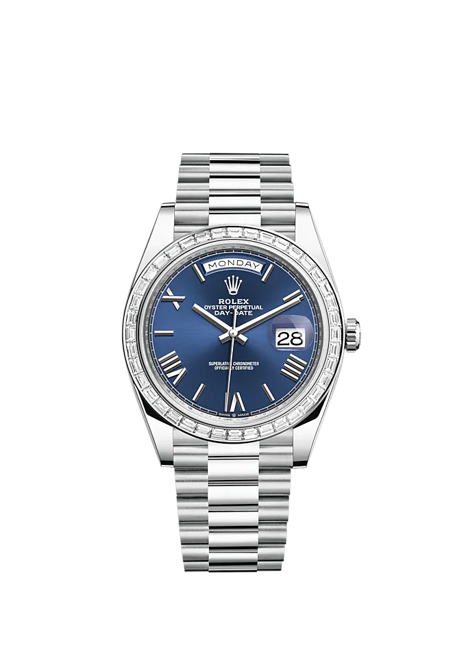 Day-Date 40 40mm President Bracelet and Platinum with Bright Blue Dial and Diamond-Set Bezel