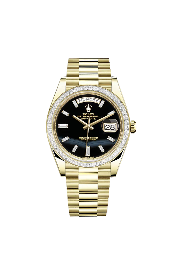 Day-Date 40 40mm President Bracelet and 18 KT Yellow Gold with Onyx Dial Diamond-Set Dial and Diamond-Set Bezel