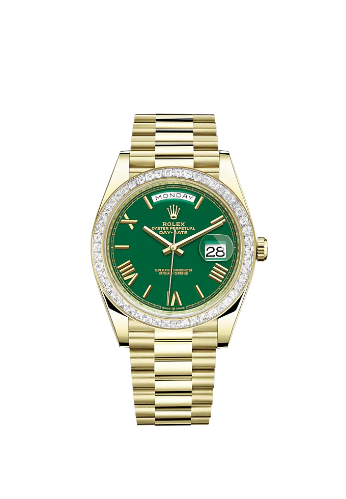 Day-Date 40 40mm President Bracelet and 18 KT Yellow Gold with Green Dial and Diamond-Set Bezel