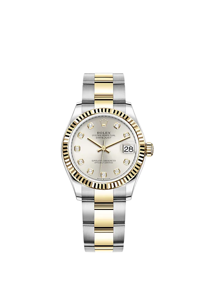 Datejust 31 31mm Oyster Bracelet Oystersteel and Yellow Gold with Silver Diamond-Set Dial Fluted Bezel